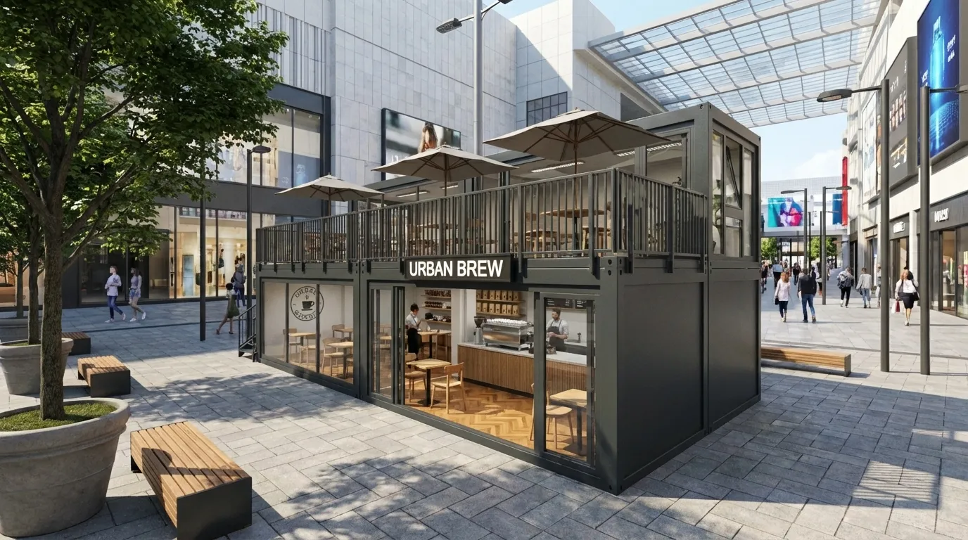 Platzsparend, auffällig und absolut flexibel: Das Mobile Gastro-Modul „Urban Brew“ bietet exklusives Flair auf zwei Ebenen für anspruchsvolle Standorte. Ein zweistöckiges mobiles Gastronomie-Modul „Urban Brew“ in Anthrazit mit Glasfronten, Inneneinrichtung im Café-Stil und einer Dachterrasse mit Sonnenschirmen auf einem öffentlichen Platz.