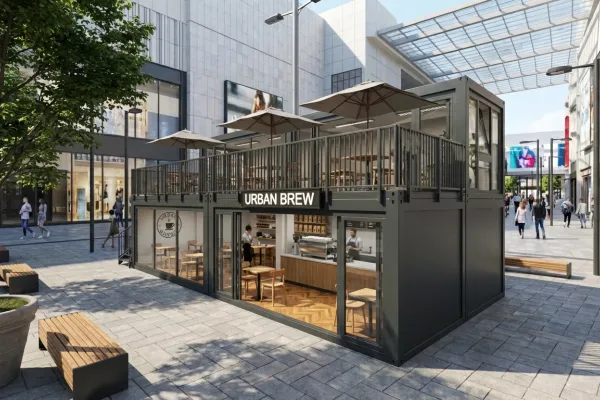 Mobiles Gastro-Modul „Urban Brew“ - Foto Ein zweistöckiges mobiles Gastronomie-Modul „Urban Brew“ in Anthrazit mit Glasfronten, Inneneinrichtung im Café-Stil und einer Dachterrasse mit Sonnenschirmen auf einem öffentlichen Platz.