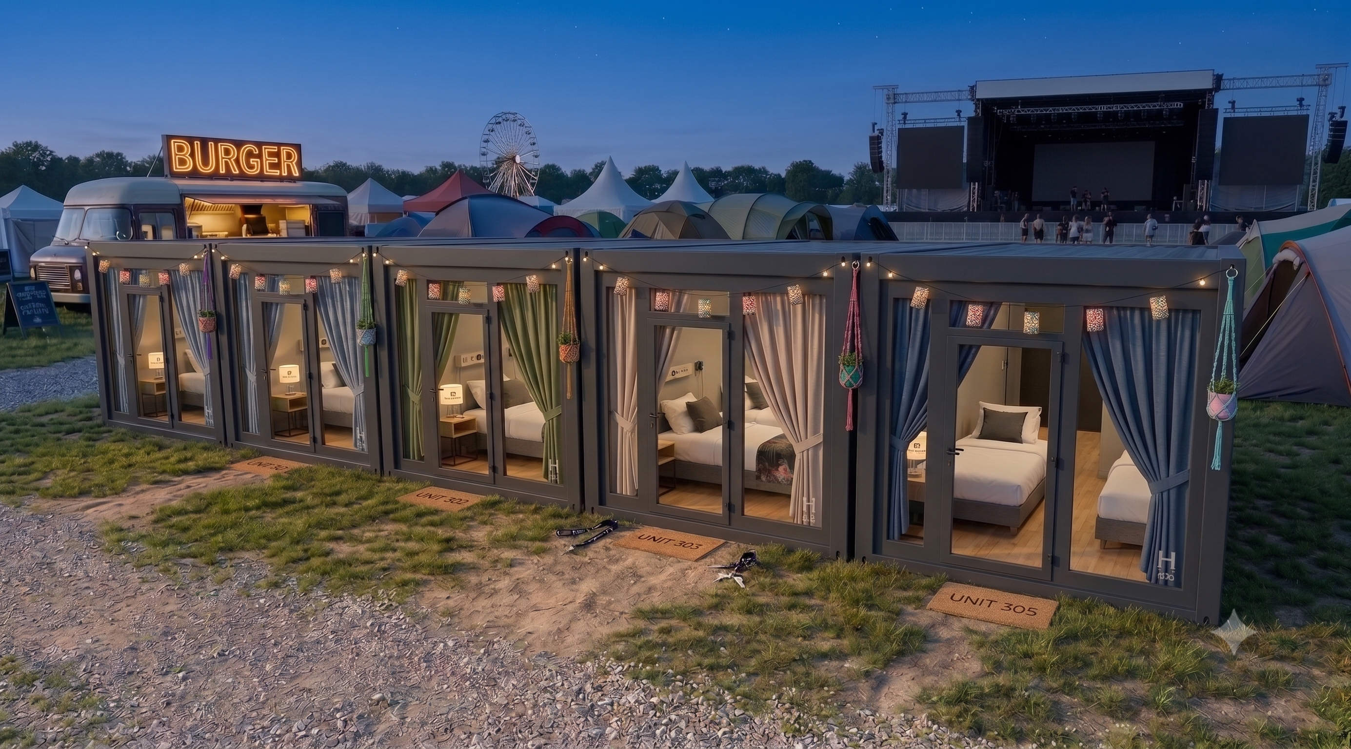 Vier nebeneinander aufgereihte, anthrazitfarbene Hotel-Container mit großen Glasfronten und gemütlich eingerichteten Zimmern auf einem Festivalgelände bei Dämmerung, im Hintergrund sind ein Riesenrad, Zelte und eine Konzertbühne zu sehen.