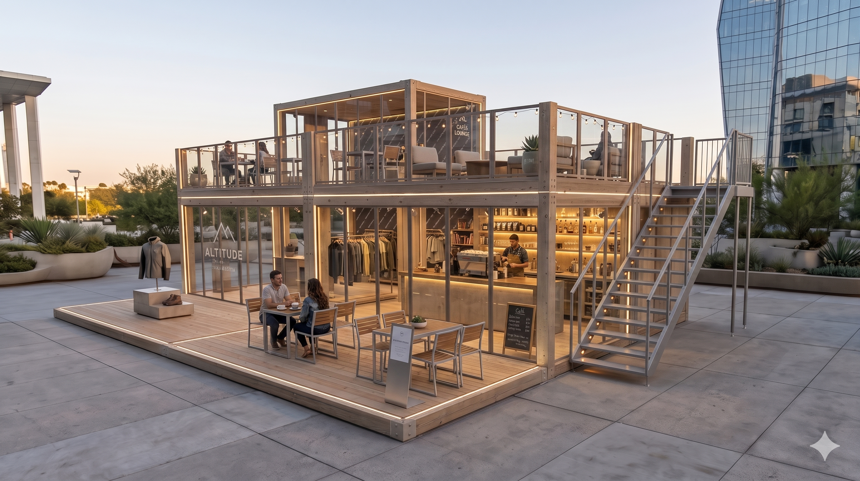 Ein zweistöckiges modulares Verkaufsmodul aus hellem Holz und Glas bei Dämmerung, das einen Fashion-Store und ein Café kombiniert, inklusive Außenterrasse und Treppenaufgang.