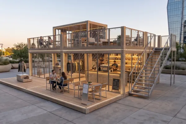 Pop-up Store Lifestyle & Fashion - Foto Ein zweistöckiges modulares Verkaufsmodul aus hellem Holz und Glas bei Dämmerung, das einen Fashion-Store und ein Café kombiniert, inklusive Außenterrasse und Treppenaufgang.