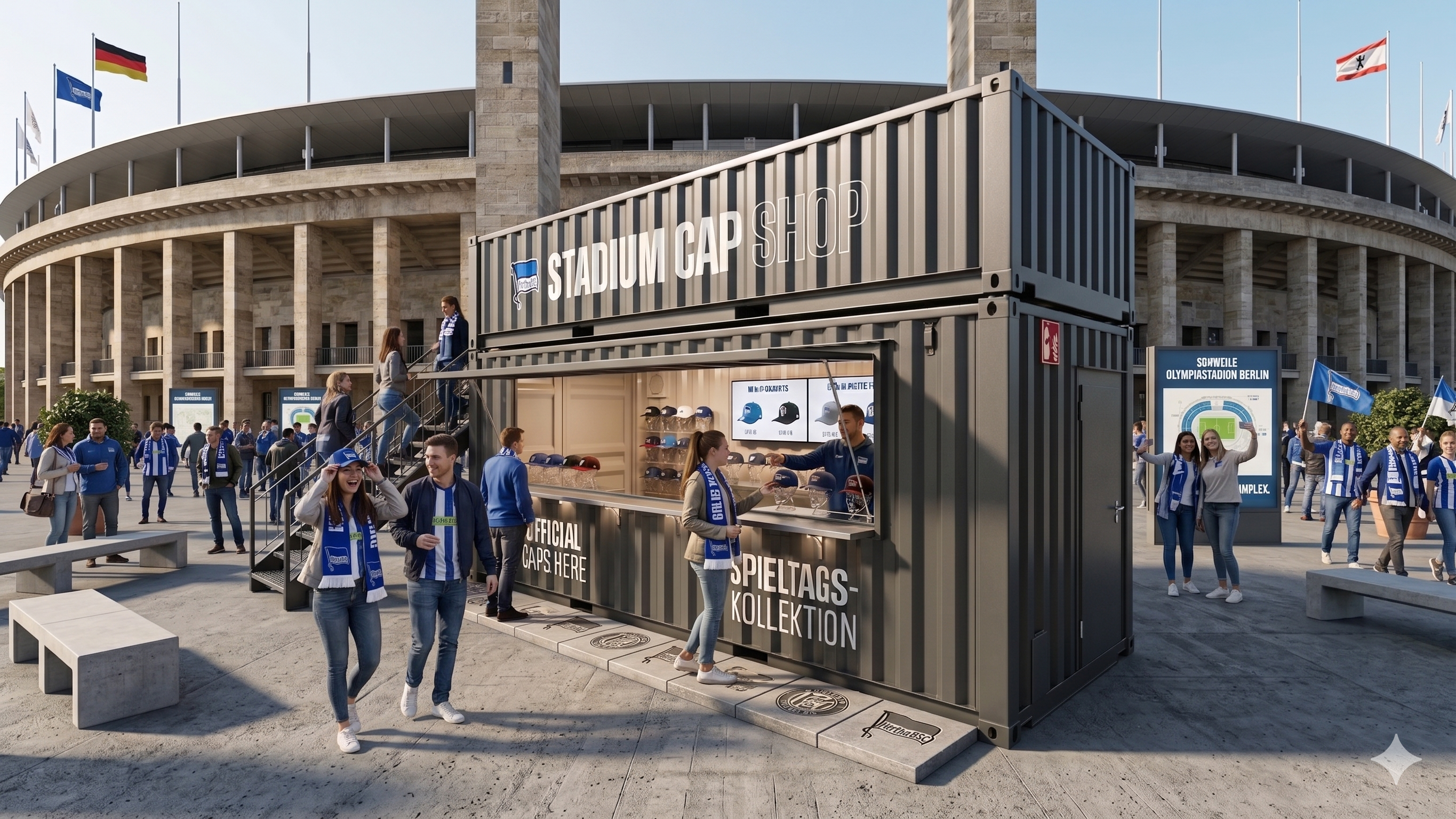 Ein dunkelgrauer Merchandising-Container in Doppelstock-Optik, konfiguriert als „Stadium Cap Shop“ vor dem Berliner Olympiastadion, mit Fans und Verkaufspersonal an der Theke.