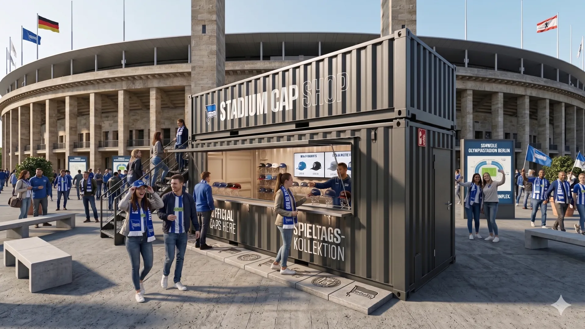 Mobil, modular und markenstark: Mit dem Merchandising-Container bringen Sie Ihren Fan-Shop direkt zu den Fans – egal wo das nächste Heimspiel stattfindet. Ein dunkelgrauer Merchandising-Container in Doppelstock-Optik, konfiguriert als „Stadium Cap Shop“ vor dem Berliner Olympiastadion, mit Fans und Verkaufspersonal an der Theke.