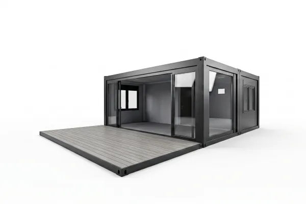 Eventcontainer | Entwurf 47 - Foto 3D-Modell eines anthrazitfarbenen Eventcontainers mit geschlossenen Seitenwänden, einer Glasfront und einer separaten, vorgesetzten Terrassenplattform.