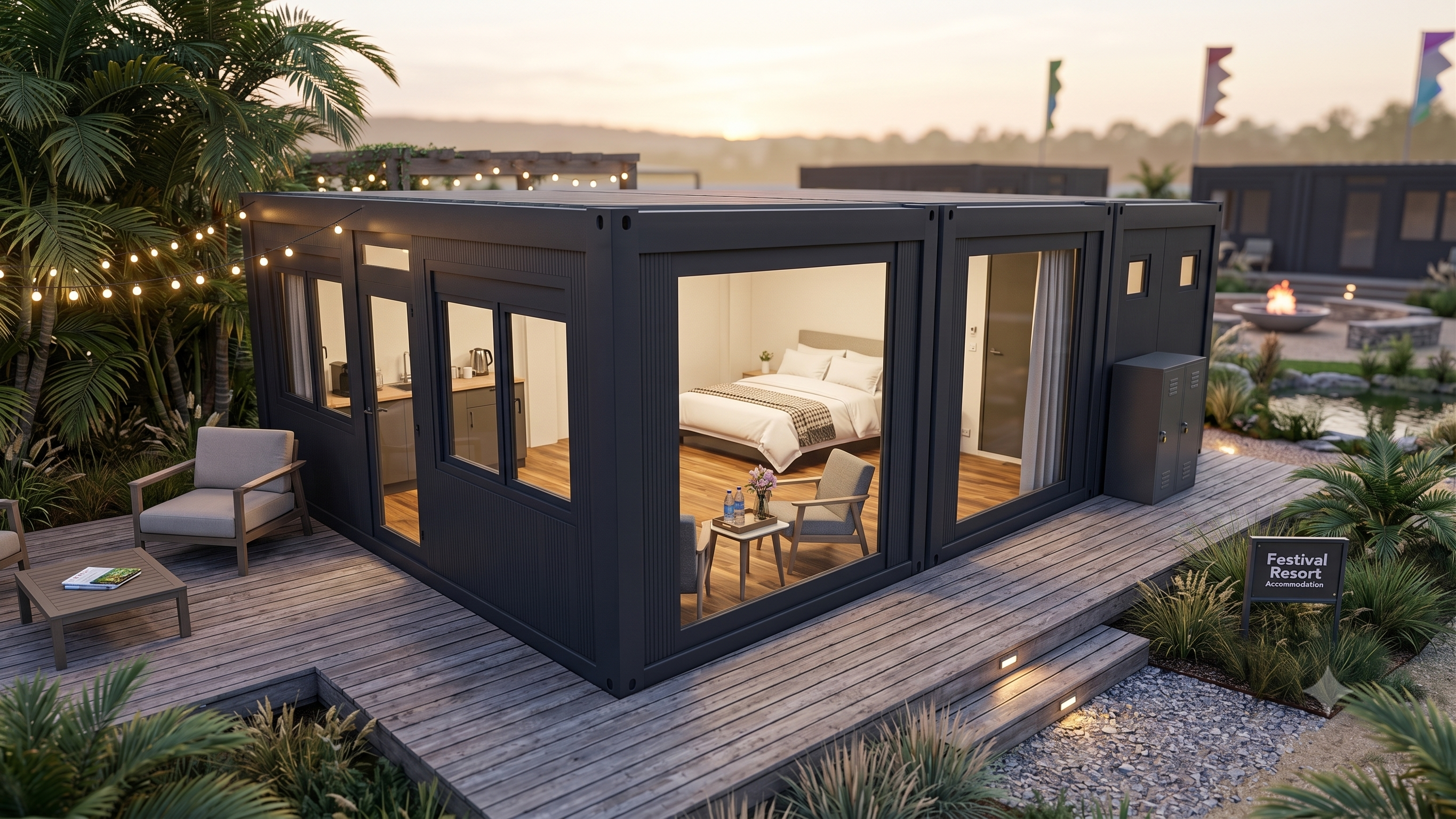 Modern gestaltete Event-Lodge mit großen Glasfronten auf einem Festival- oder Resortgelände mit angelegten Wegen, hochwertig eingerichtet mit Bett und Sitzgelegenheit während der Abenddämmerung.