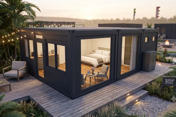 Event-Lodge – High-End Glamping für Festivals und Resorts - Foto Modern gestaltete Event-Lodge mit großen Glasfronten auf einem Festival- oder Resortgelände mit angelegten Wegen, hochwertig eingerichtet mit Bett und Sitzgelegenheit während der Abenddämmerung.