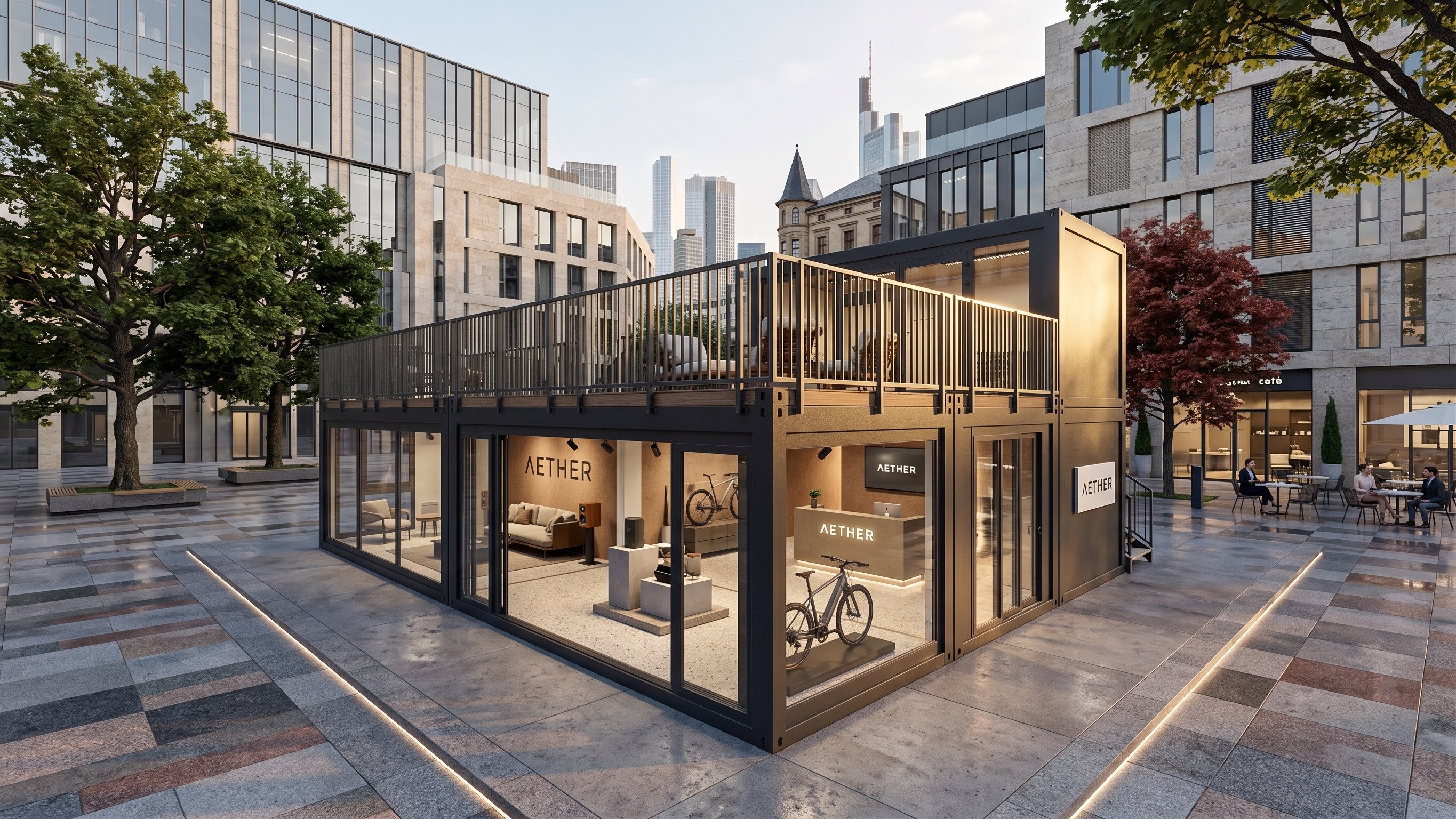 Moderner, zweistöckiger Eventcontainer aus schwarzen Modulen mit großen Glasfronten, Dachterrasse und beleuchtetem Aether-Logo in einer urbanen Umgebung.