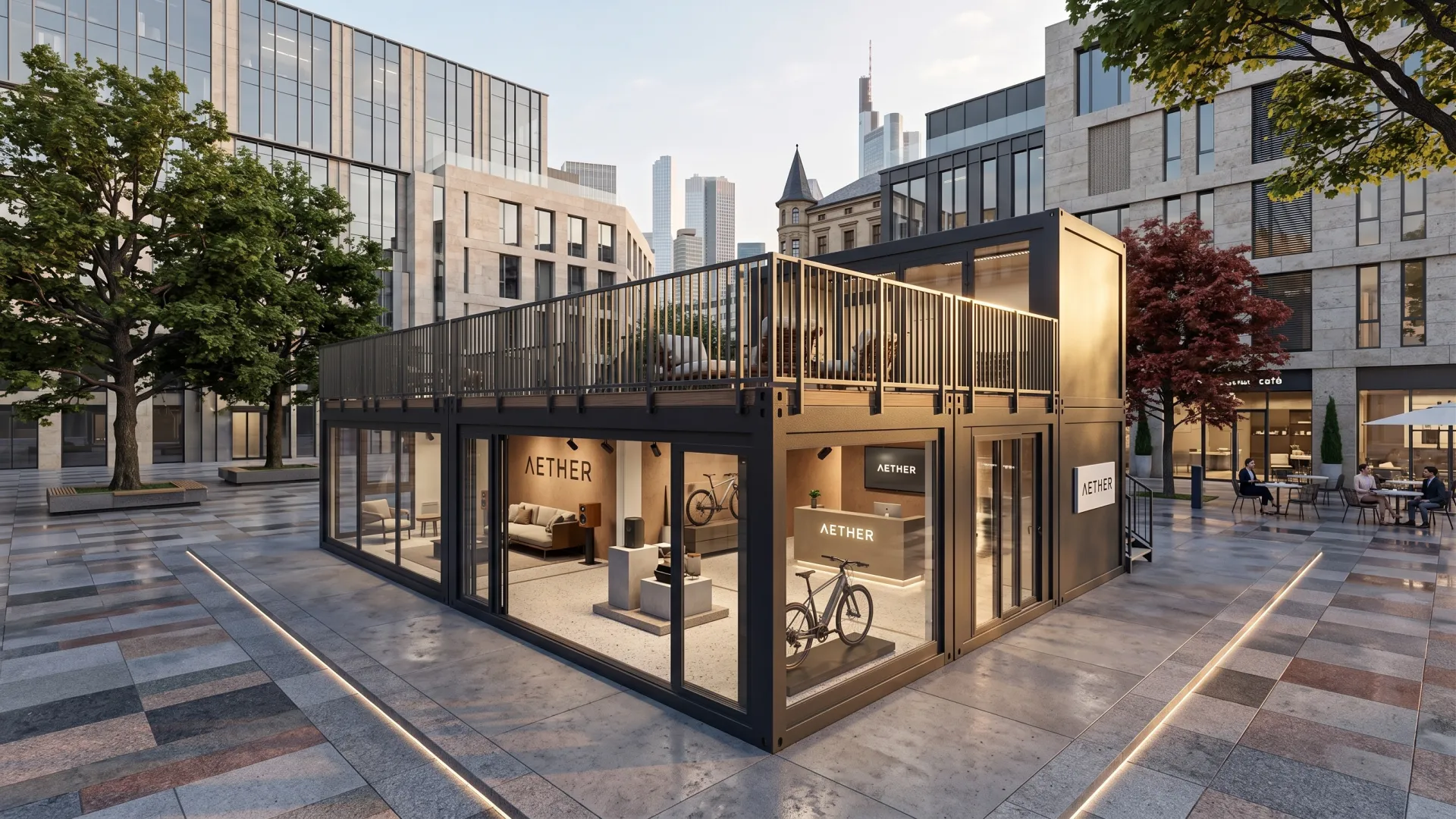 Erleben Sie grenzenlose Freiheit in der Markenpräsentation – der Brand Hub „Aether“ macht Technik greifbar. Moderner, zweistöckiger Eventcontainer aus schwarzen Modulen mit großen Glasfronten, Dachterrasse und beleuchtetem Aether-Logo in einer urbanen Umgebung.