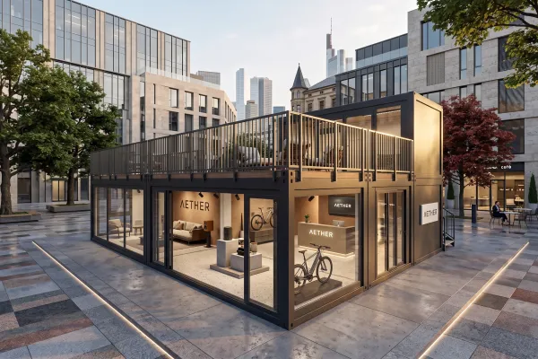 New Mobility Brand Hub „Aether“ für Tech & Lifestyle - Foto Moderner, zweistöckiger Eventcontainer aus schwarzen Modulen mit großen Glasfronten, Dachterrasse und beleuchtetem Aether-Logo in einer urbanen Umgebung.