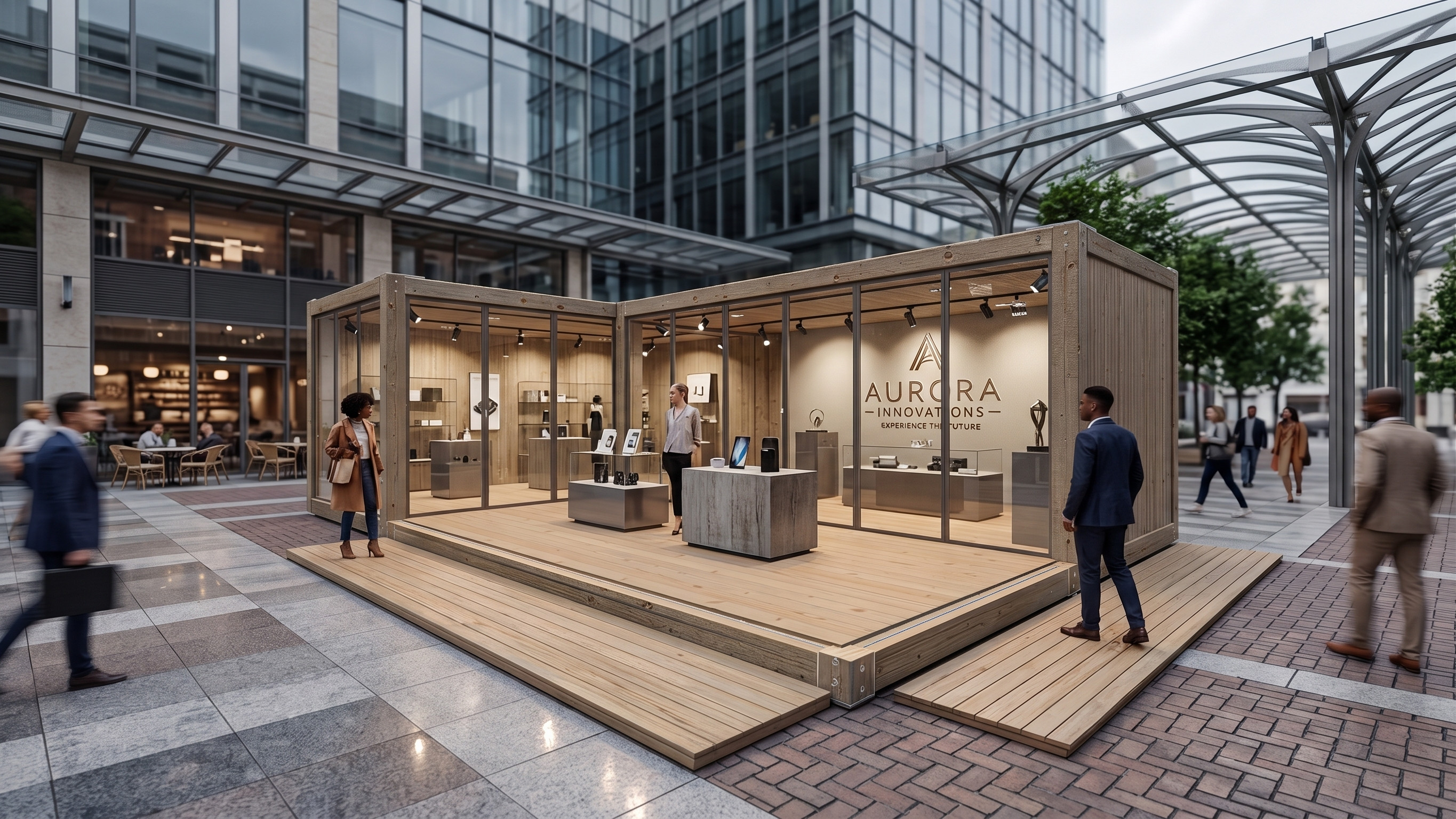 Außenansicht eines modernen, modularen Showrooms namens Aurora aus Holz und Glas in einem urbanen Innenhof. Im Inneren sind Technik-Exponate auf Podesten ausgestellt, Passanten laufen am Pavillon vorbei.