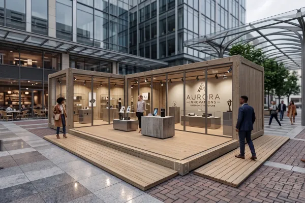 Corporate Showroom „Aurora“ für Premium-Technologie - Foto Außenansicht eines modernen, modularen Showrooms namens Aurora aus Holz und Glas in einem urbanen Innenhof. Im Inneren sind Technik-Exponate auf Podesten ausgestellt, Passanten laufen am Pavillon vorbei.