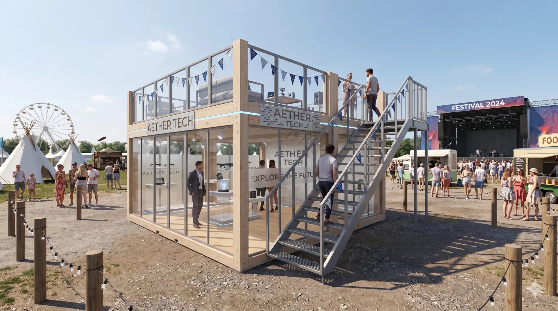 Moderner Festivalcontainer aus Holz und Glas für die Tech-Branche. Einsetzbar als mobiler Showroom für Produktpräsentationen, mit einer umlaufenden Aussichtsplattform. Festivalcontainer Tech-Showroom „Aether Cube“
