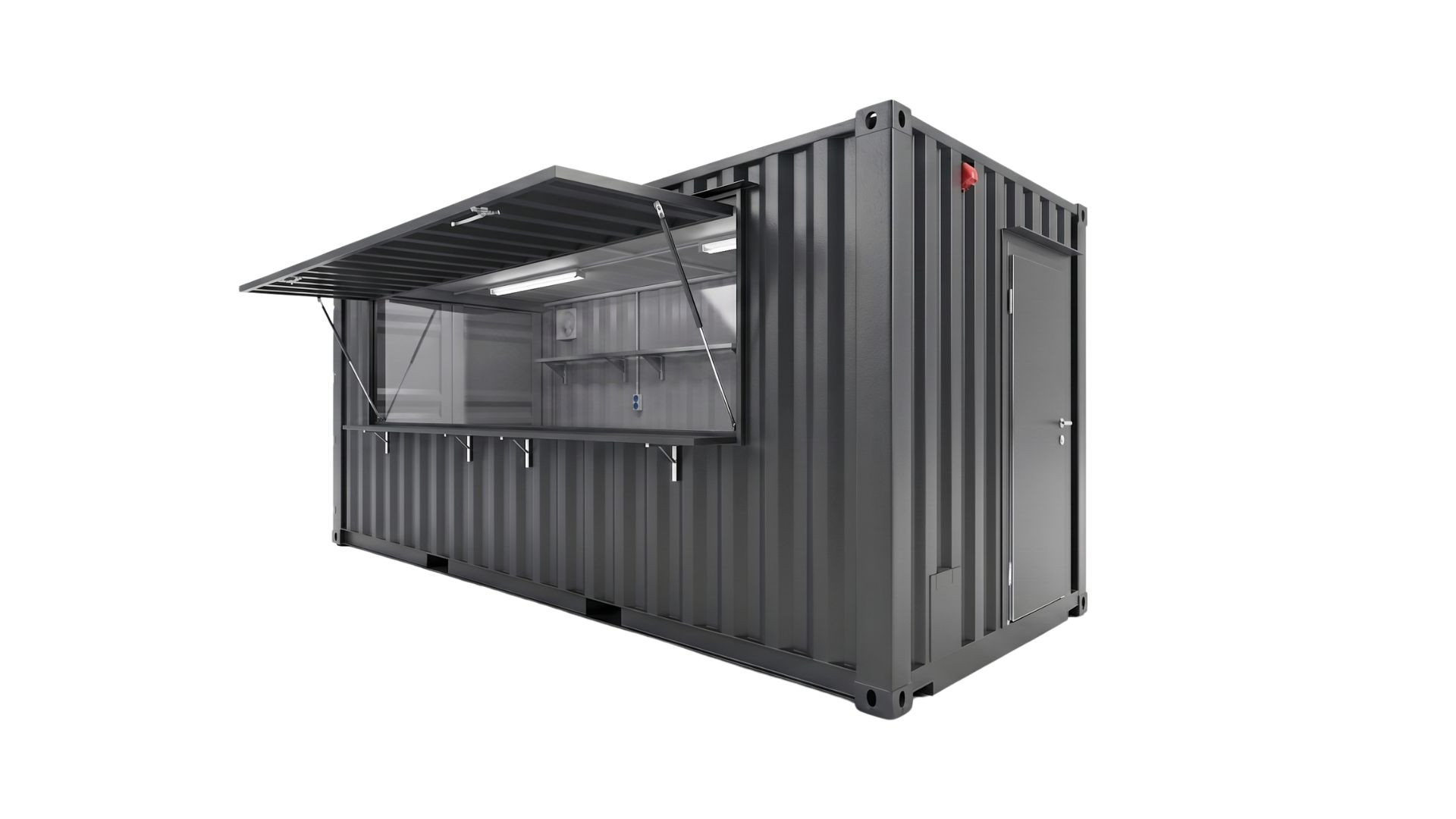 Ein anthrazitfarbener 20 Fuß Kiosk Container auf weißem Hintergrund (seecontainer-rendering-hintergrund-wei-20-fuss-kiosk-container-preview-4 (2).jpg). Die große Verkaufsklappe an der Längsseite ist geöffnet und gibt den Blick auf eine Theke, Regale, Steckdosen und LED-Leuchten im Innenraum frei. Rechts befindet sich eine geschlossene Zugangstür.