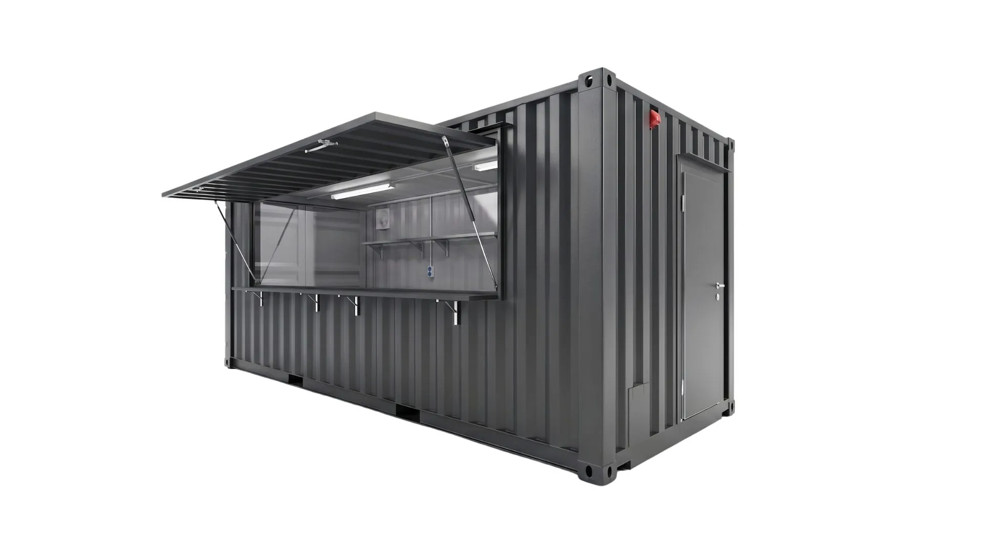 Verkaufsbereit in wenigen Minuten: Der 20 Fuß Kiosk Container bietet eine flexible, robuste und abschließbare Basis für Gastronomie und Merchandising auf jedem Eventgelände. Ein anthrazitfarbener 20 Fuß Kiosk Container auf weißem Hintergrund (seecontainer-rendering-hintergrund-wei-20-fuss-kiosk-container-preview-4 (2).jpg). Die große Verkaufsklappe an der Längsseite ist geöffnet und gibt den Blick auf eine Theke, Regale, Steckdosen und LED-Leuchten im Innenraum frei. Rechts befindet sich eine geschlossene Zugangstür.