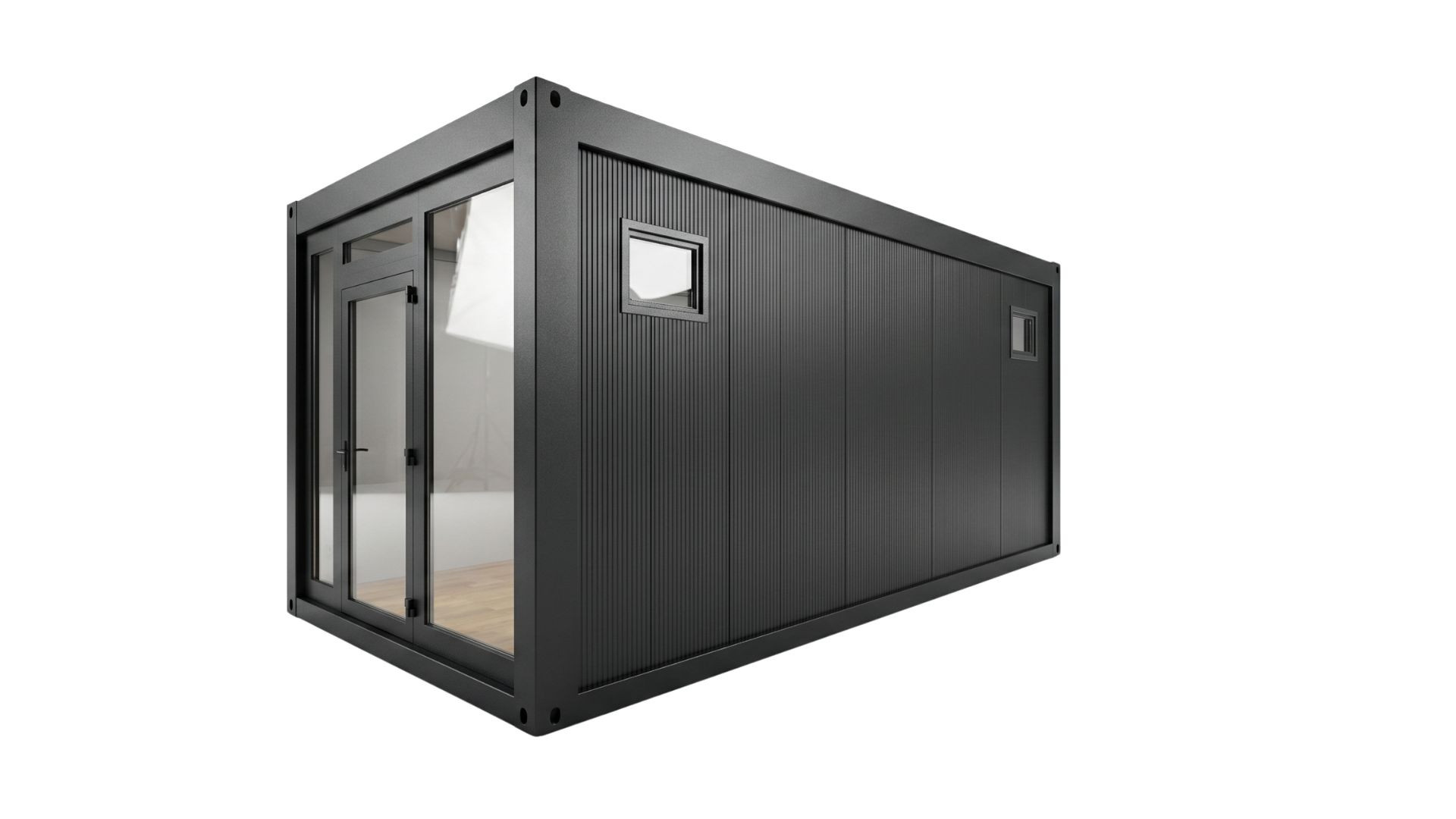 Kombinierbarer, anthrazitfarbener Eventcontainer Entwurf 48 in einer 3D-Visualisierung vor weißem Hintergrund mit Glasfront und integrierter Tür an der Stirnseite sowie zwei kleinen Belüftungsfenstern an der Längswand.