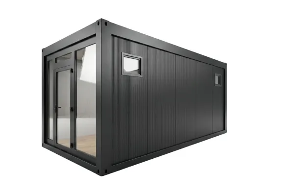 Eventcontainer | Entwurf 48 - Foto Kombinierbarer, anthrazitfarbener Eventcontainer Entwurf 48 in einer 3D-Visualisierung vor weißem Hintergrund mit Glasfront und integrierter Tür an der Stirnseite sowie zwei kleinen Belüftungsfenstern an der Längswand.