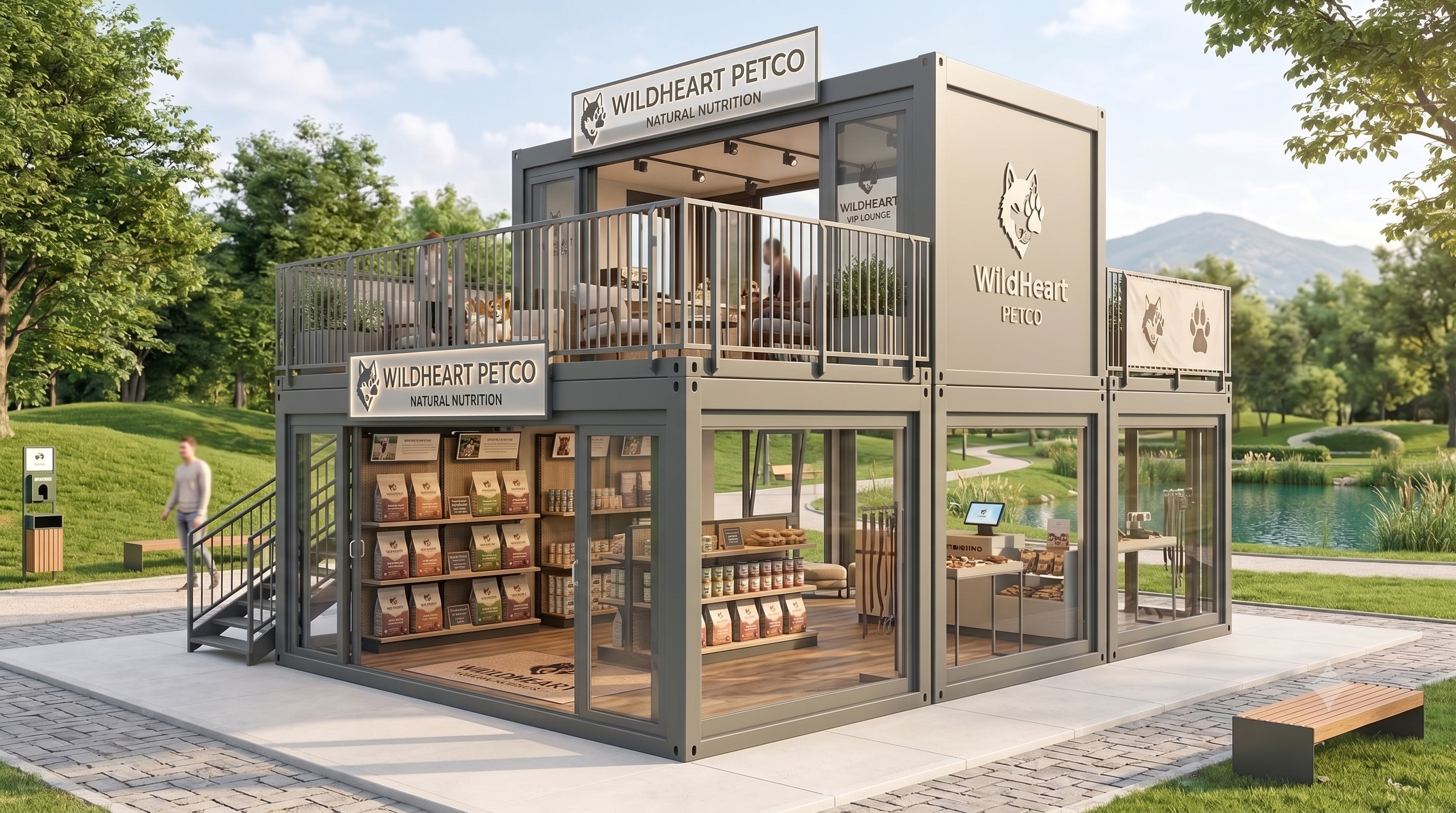 Zweistöckige, anthrazitfarbene Container-Anlage als mobiler Promotion-Store für Tiernahrung mit verglastem Erdgeschoss, Verkaufsregalen, Außentreppe und einer Dachterrasse mit Sitzgelegenheiten in einer Parkanlage.