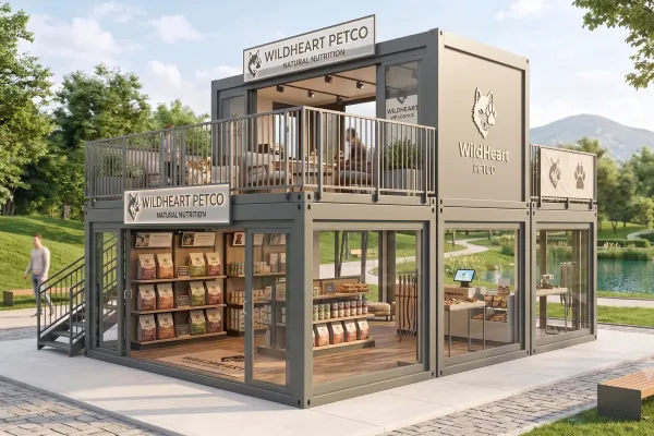 Promotioncontainer Petcare – Mobiler Flagship-Store für Tiernahrung - Foto Zweistöckige, anthrazitfarbene Container-Anlage als mobiler Promotion-Store für Tiernahrung mit verglastem Erdgeschoss, Verkaufsregalen, Außentreppe und einer Dachterrasse mit Sitzgelegenheiten in einer Parkanlage.