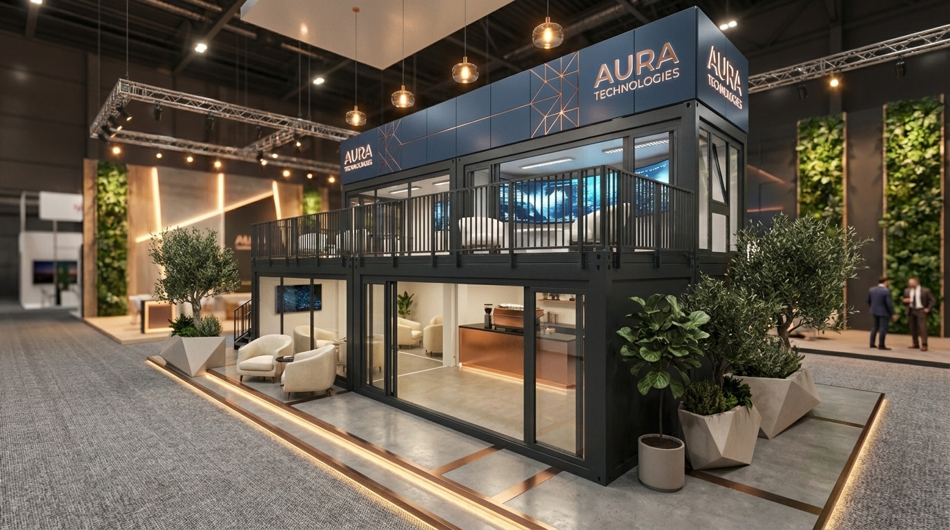 Moderne, zweistöckige Messecontainer-Konstruktion mit Glasfronten, Außenbeleuchtung und einer Dachterrasse, gebrandet mit dem Logo 'AURA Technologies' in einer Messehalle.