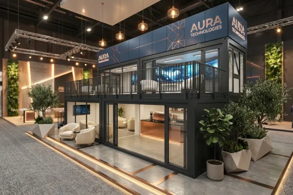 Messecontainer Premium-Lounge – Doppelstock-System - Foto Moderne, zweistöckige Messecontainer-Konstruktion mit Glasfronten, Außenbeleuchtung und einer Dachterrasse, gebrandet mit dem Logo 'AURA Technologies' in einer Messehalle.