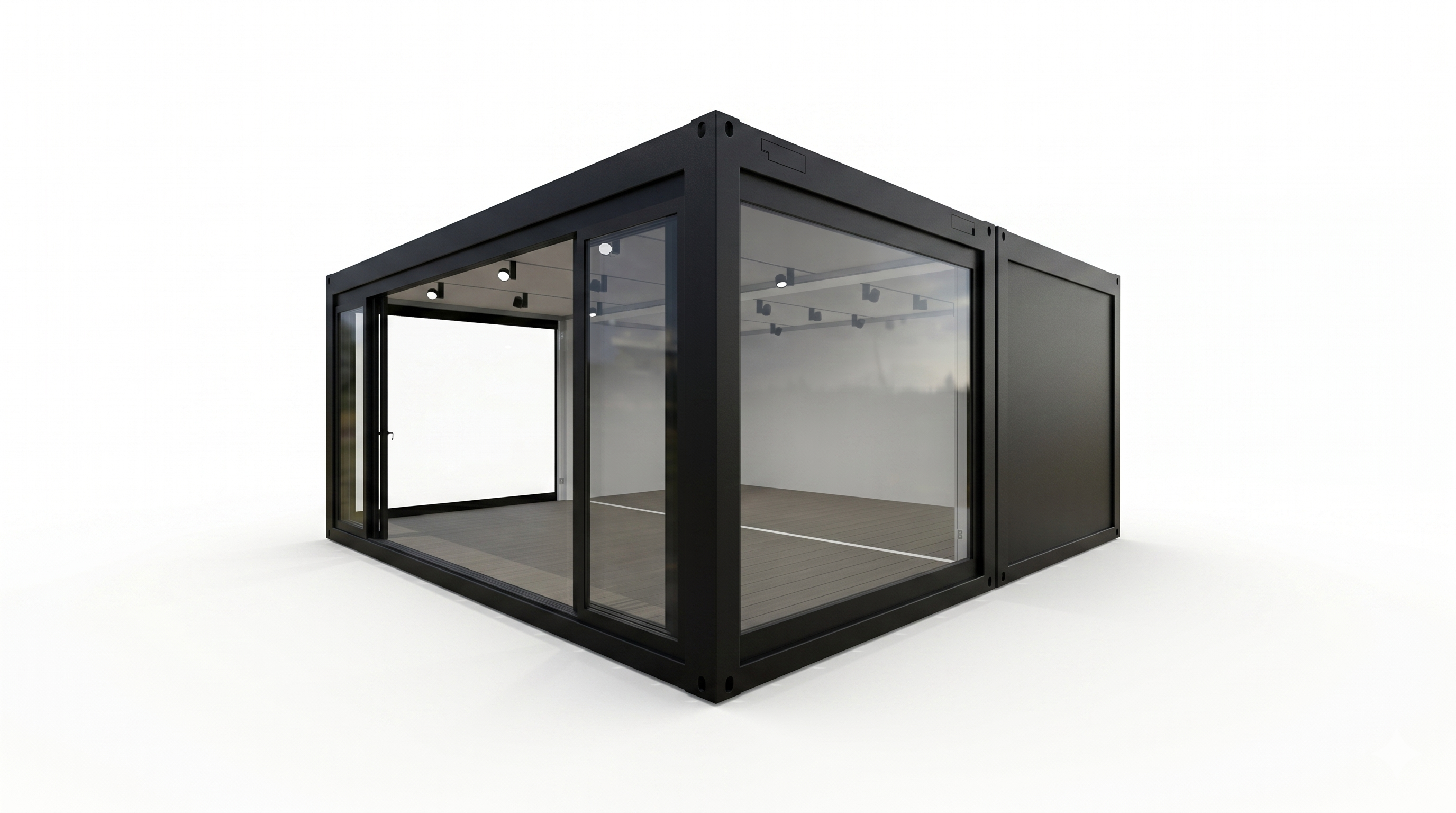 Perspektivische 3D-Visualisierung eines schwarzen Doppel-Eventcontainers mit großen Glasfronten, hellem Boden und professioneller Deckenbeleuchtung auf weißem Grund.