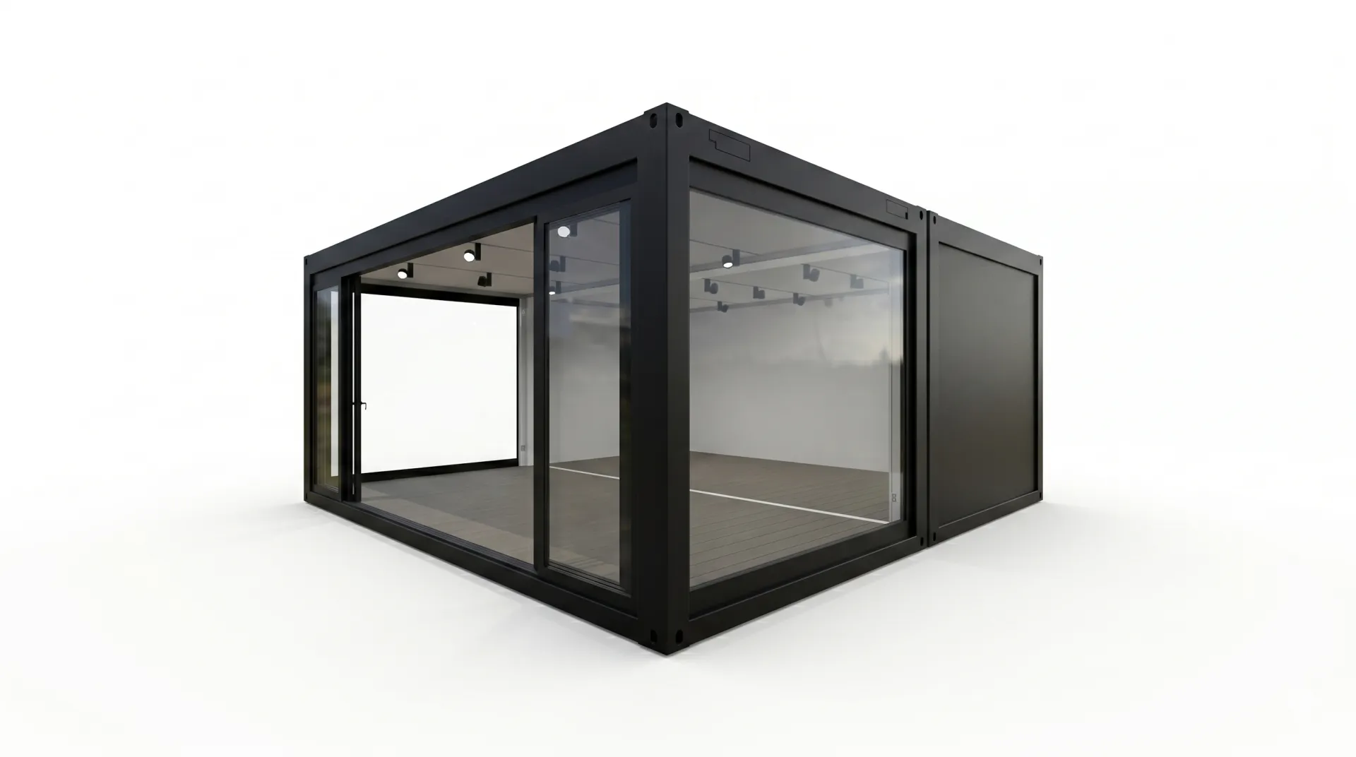 Individuell gestaltbar: Der Eventcontainer Entwurf 73 kombiniert modernes Glas-Design mit der Flexibilität modularer Raumlösungen. Perspektivische 3D-Visualisierung eines schwarzen Doppel-Eventcontainers mit großen Glasfronten, hellem Boden und professioneller Deckenbeleuchtung auf weißem Grund.