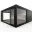 Foto Perspektivische 3D-Visualisierung eines schwarzen Doppel-Eventcontainers mit großen Glasfronten, hellem Boden und professioneller Deckenbeleuchtung auf weißem Grund.