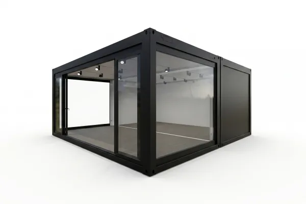 Eventcontainer | Entwurf 73 - Foto Perspektivische 3D-Visualisierung eines schwarzen Doppel-Eventcontainers mit großen Glasfronten, hellem Boden und professioneller Deckenbeleuchtung auf weißem Grund.