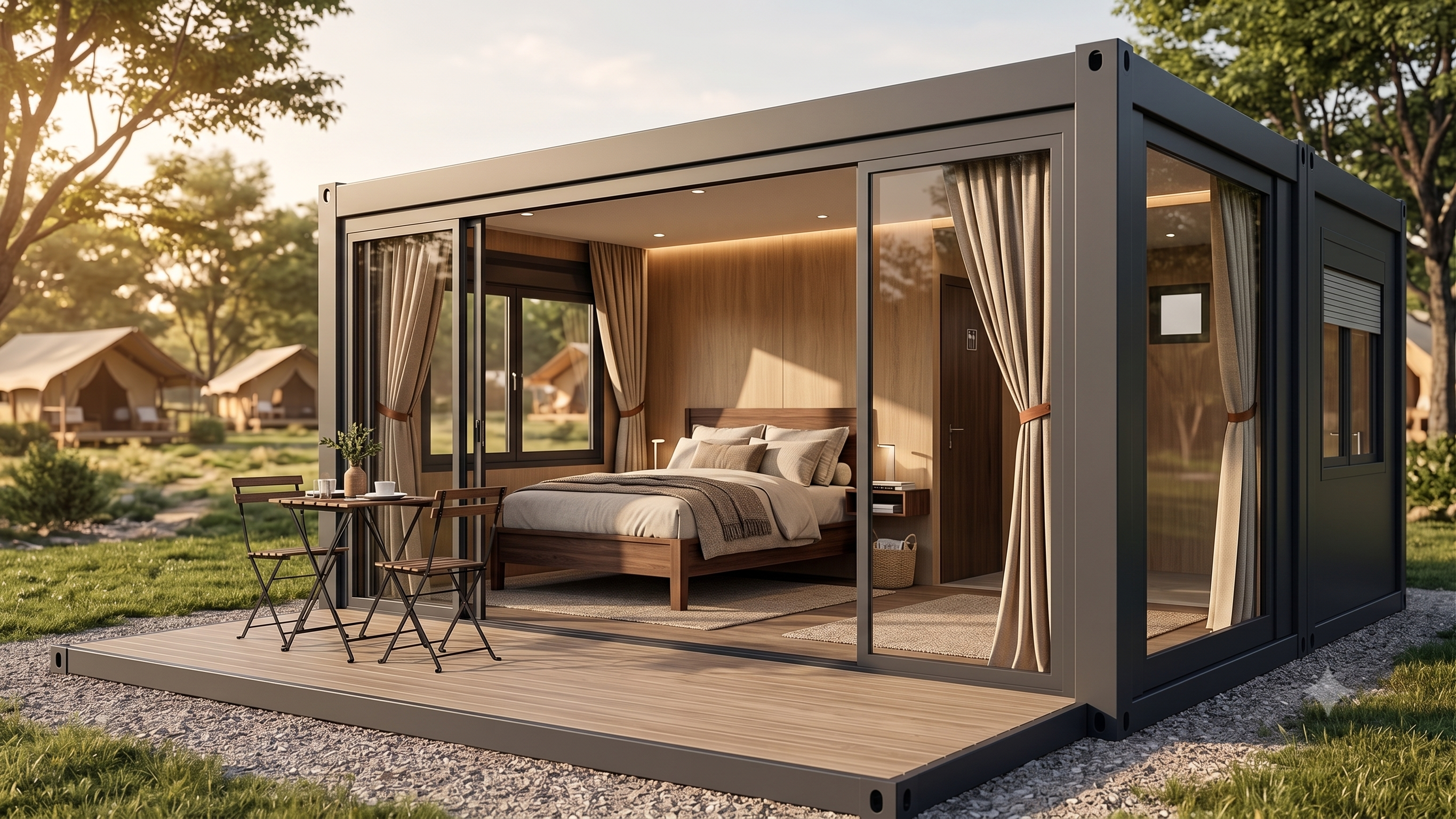 Modern ausgebauter Wohn- und Hotelcontainer mit großer Glasfront, Terrasse, Doppelbett und Holzinnenverkleidung in einer grünen Außenanlage.
