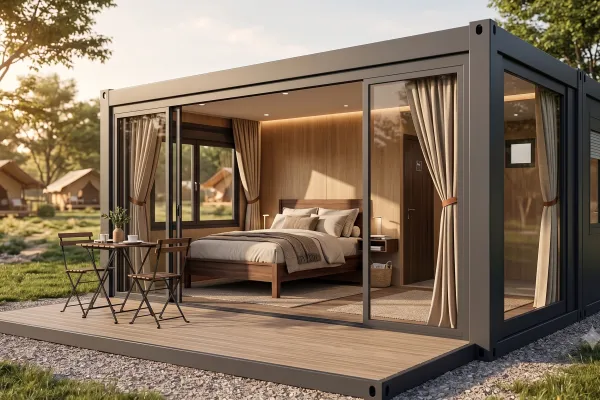 Glamping-Container Premium – Modulares Hotel- & Wohnmodul - Foto Modern ausgebauter Wohn- und Hotelcontainer mit großer Glasfront, Terrasse, Doppelbett und Holzinnenverkleidung in einer grünen Außenanlage.