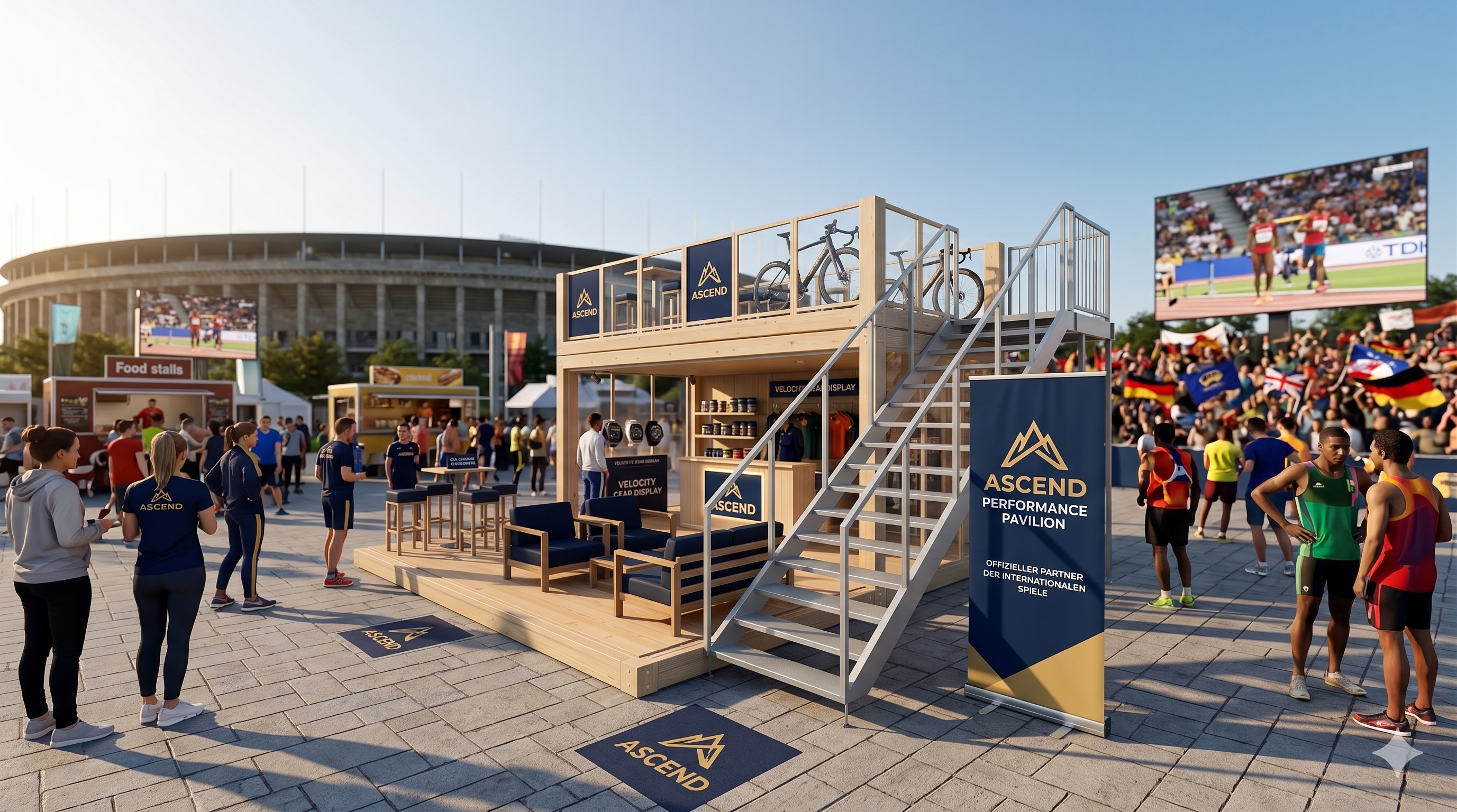 Ein moderner, zweistöckiger Event-Pavillon aus hellem Holz und Stahl auf einem belebten Stadionvorplatz. Das Modul verfügt über eine untere Verkaufsfläche mit Sitzgelegenheiten und eine obere Terrasse mit Fahrrädern und Logo-Bannern der Marke „Ascend“.
