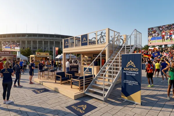 Promotion-Pavillon „Ascend“ für Sports-Performance - Foto Ein moderner, zweistöckiger Event-Pavillon aus hellem Holz und Stahl auf einem belebten Stadionvorplatz. Das Modul verfügt über eine untere Verkaufsfläche mit Sitzgelegenheiten und eine obere Terrasse mit Fahrrädern und Logo-Bannern der Marke „Ascend“.