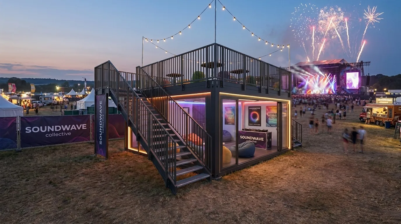 Einstöckiger, dunkler Festivalcontainer mit großer Glasfront und begehbarer Dachterrasse. Im Innenraum befinden sich gemütliche Sitzsäcke und Musik-Equipment unter dem Branding „Soundwave Collective“. Außen führt eine breite Stahltreppe zur Terrasse, die mit einer stimmungsvollen Lichterkette dekoriert ist. Im Hintergrund sieht man eine Festivalbühne bei Dämmerung und Feuerwerk. Festivalcontainer Sound-Lounge