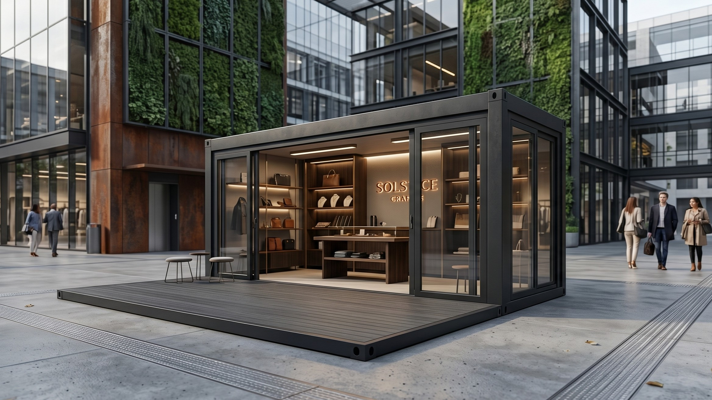 Moderner, schwarzer Pop-Up Store in Container-Bauweise mit großen Glasfronten, Holzterrasse und hochwertiger Innenbeleuchtung für Retail-Zwecke in einem urbanen Umfeld.