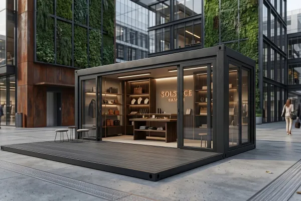 Pop-Up Store Premium-Retail - Foto Moderner, schwarzer Pop-Up Store in Container-Bauweise mit großen Glasfronten, Holzterrasse und hochwertiger Innenbeleuchtung für Retail-Zwecke in einem urbanen Umfeld.