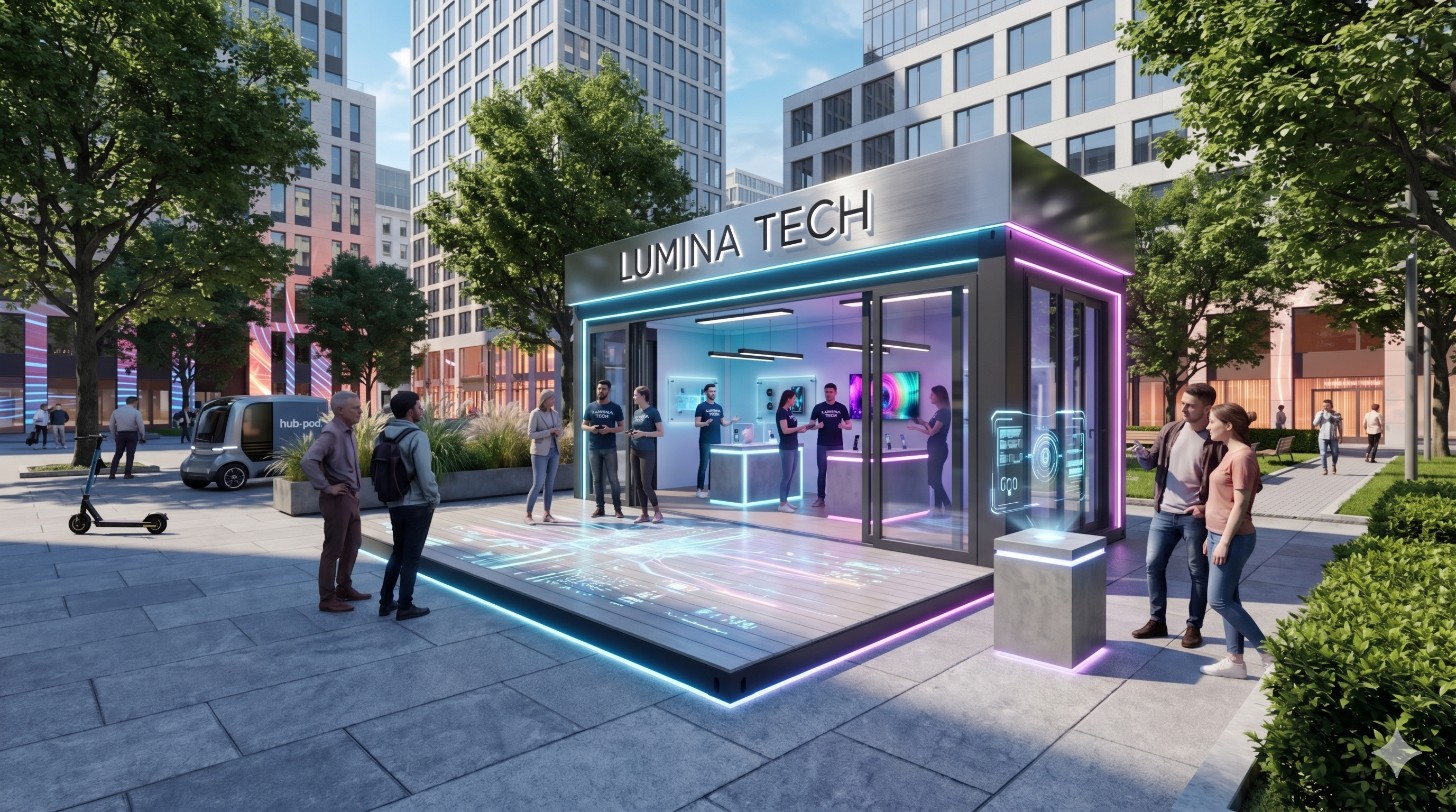 Ein moderner, schwarzer Roadshowcontainer namens "LUMINA TECH" in einer urbanen Umgebung mit großen Glasfronten, futuristischer LED-Beleuchtung in Blau und Pink sowie Personen, die technische Geräte im Innenraum begutachten.