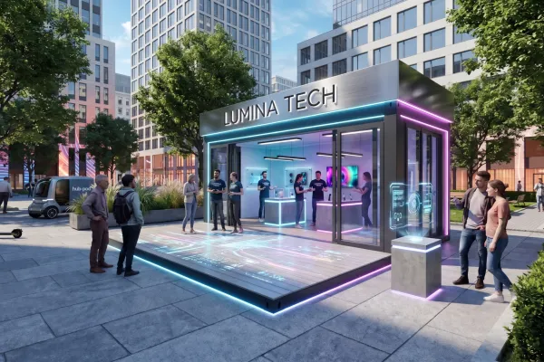 Roadshowcontainer High-Tech & Unterhaltungselektronik - Foto Ein moderner, schwarzer Roadshowcontainer namens "LUMINA TECH" in einer urbanen Umgebung mit großen Glasfronten, futuristischer LED-Beleuchtung in Blau und Pink sowie Personen, die technische Geräte im Innenraum begutachten.