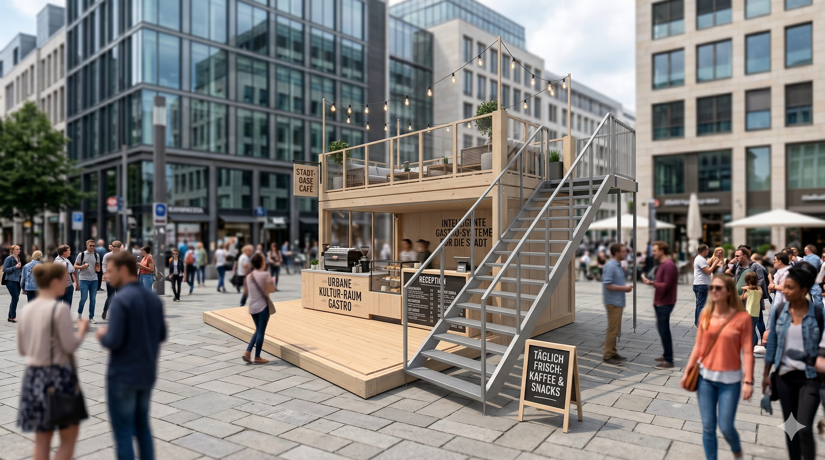 Visualisierung eines Gastro-Containers aus hellem Holz mit Tresen im Erdgeschoss, Außentreppe und einer möblierten Dachterrasse auf einem belebten Stadtplatz.