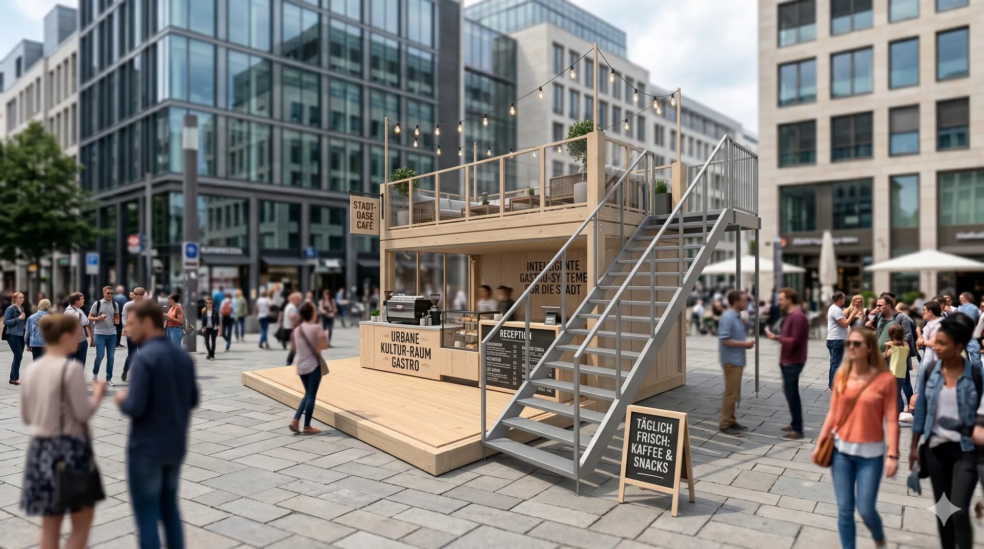 Urbaner Lifestyle trifft auf modulares Design: Der Gastro-Container Holz schafft neue Lieblingsplätze in der Stadt. Visualisierung eines Gastro-Containers aus hellem Holz mit Tresen im Erdgeschoss, Außentreppe und einer möblierten Dachterrasse auf einem belebten Stadtplatz.