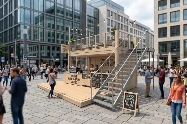 Gastro-Container Holz – Café & Rooftop - Foto Visualisierung eines Gastro-Containers aus hellem Holz mit Tresen im Erdgeschoss, Außentreppe und einer möblierten Dachterrasse auf einem belebten Stadtplatz.