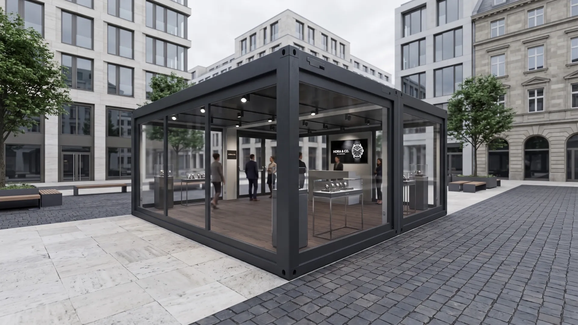 Exklusivität trifft Flexibilität: Der Luxury Showroom „Hora“ bietet den perfekten Rahmen für Ihre Marke – überall dort, wo Ihre Zielgruppe ist. Außenansicht eines modernen, schwarz gerahmten Glascontainers (Showroom) auf einem gepflasterten Stadtplatz, in dem Uhren und Schmuck in Vitrinen präsentiert werden.