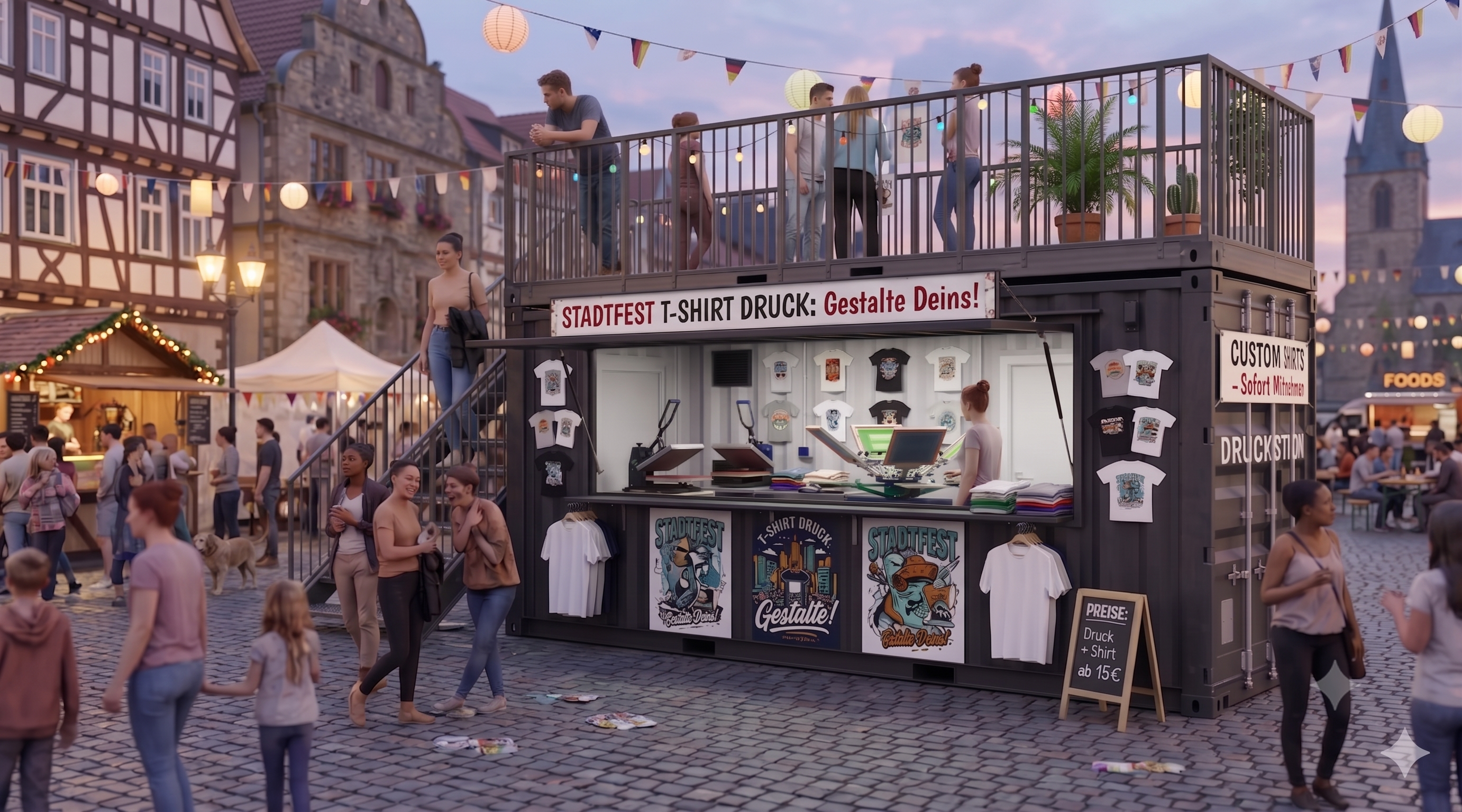 Ein anthrazitfarbener 20-Fuß-Seecontainer, der als mobiler Kiosk für T-Shirt-Druck auf einem belebten Stadtfest umgebaut wurde. Das Modul verfügt über eine integrierte Verkaufstheke, ein großes Vordach und eine begehbare Dachterrasse mit Geländer, die über eine Stahltreppe an der Seite erreichbar ist. Auf der Terrasse und um den Container herum befinden sich Eventbesucher.