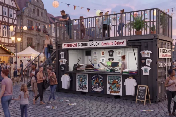 Roadshow-Seecontainer – Mobiler Promotionstand mit Dachterrasse - Foto Ein anthrazitfarbener 20-Fuß-Seecontainer, der als mobiler Kiosk für T-Shirt-Druck auf einem belebten Stadtfest umgebaut wurde. Das Modul verfügt über eine integrierte Verkaufstheke, ein großes Vordach und eine begehbare Dachterrasse mit Geländer, die über eine Stahltreppe an der Seite erreichbar ist. Auf der Terrasse und um den Container herum befinden sich Eventbesucher.