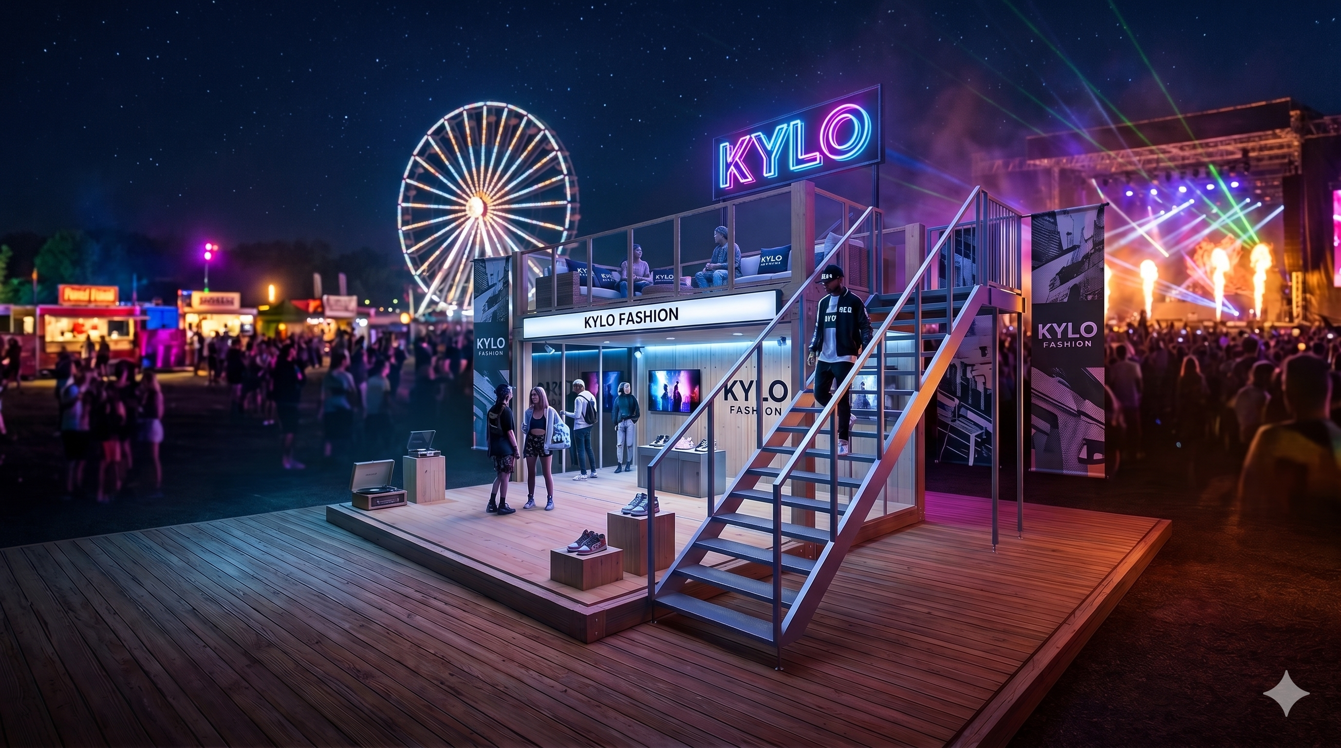 Eventcontainer aus Holz, Glasfront, Außentreppe und Dachterrasse bei Nacht auf einem Festivalgelände mit Riesenrad im Hintergrund.