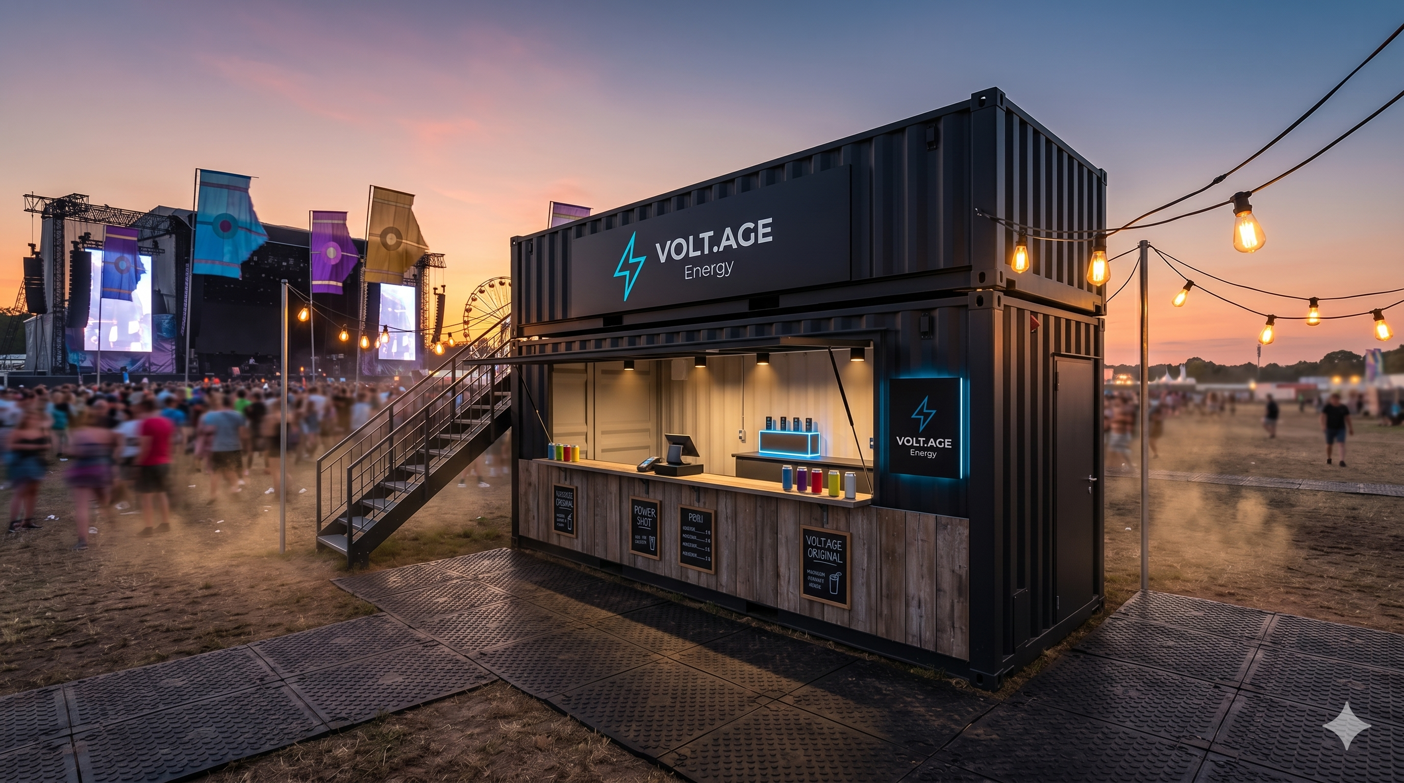 Ein moderner, anthrazitfarbener Getränke-Festivalcontainer mit dem Branding „Volt.age“. Das Modul zeigt eine offene Verkaufsfront mit Holzelementen, LED-Akzenten und eine Treppe, die zur optionalen Dachterrasse führt. Im Hintergrund ein belebtes Festivalgelände bei Abenddämmerung.